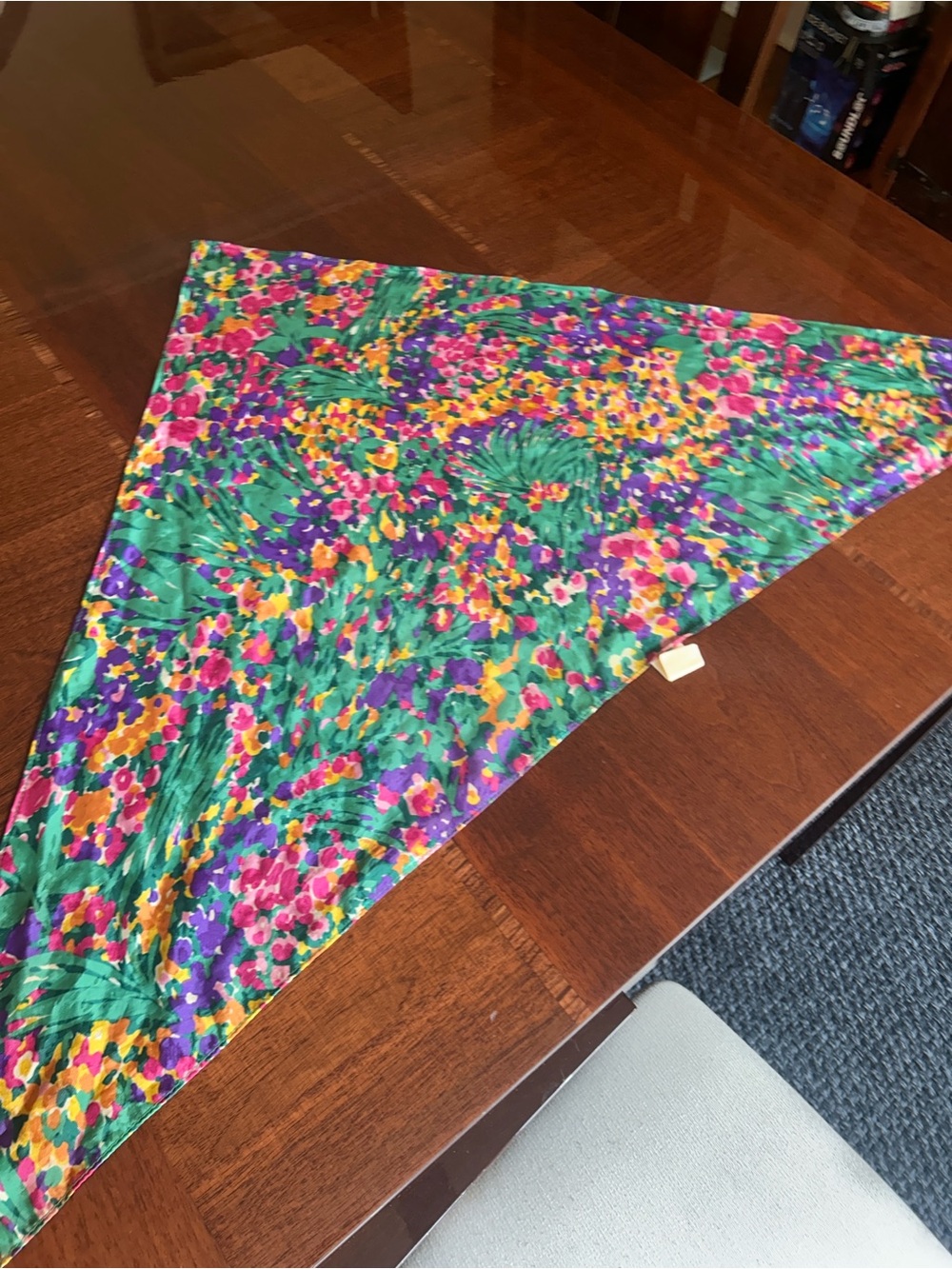 Vibrant Floral Triangle Scarf in Green, Purple, Pink, Yellow